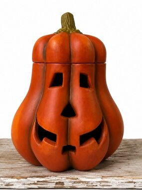 Ceramic Jack O Lantern Pumpkin Tealight Candle Holder Halloween Decor 7”